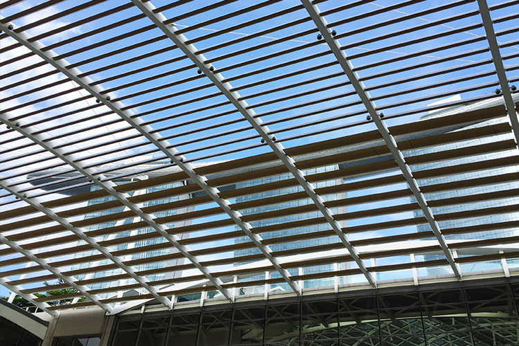 Completed-Metal-Canopy-Installation-at-Commercial Site مظلة معدنية حديثة تم تركيبها فوق مبنى تجاري – تمثل خبرة مؤسسة ASC في تصنيع وتركيب الهياكل المعدنية